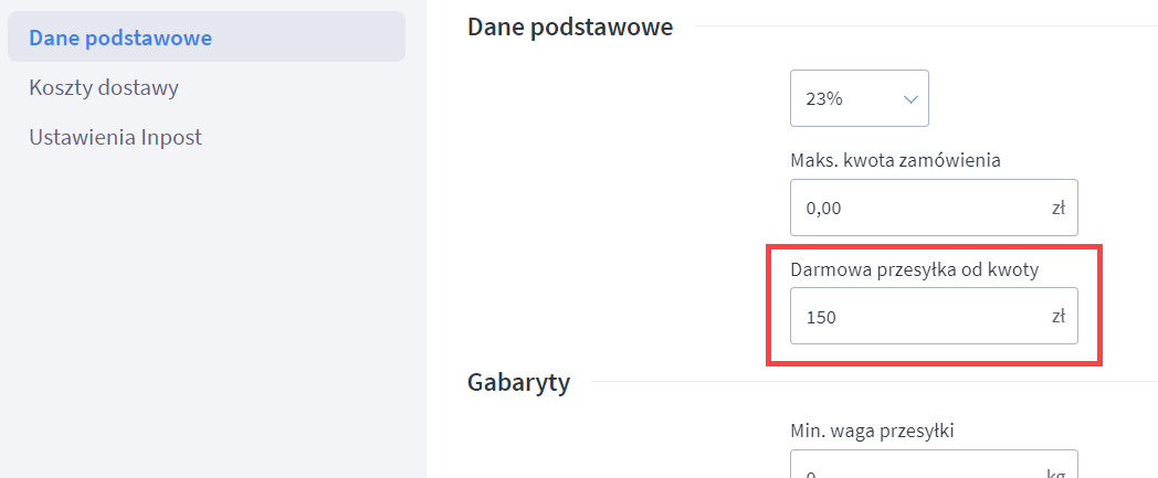 Ustal kwotę darmowej dostawy w edycji wybranej formy dostawy Panel administracyjny > Ustawienia > Obsługa zamówień > Formy dostawy > Edycja formy dostawy