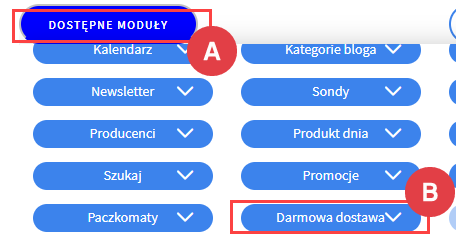 Dodaj moduł darmowej dostawy do widoku Panel administracyjny > Wygląd i treści > Wygląd sklepu > Obecny szablon graficzny > Moduły > Dostępne moduły > Darmowa dostawa