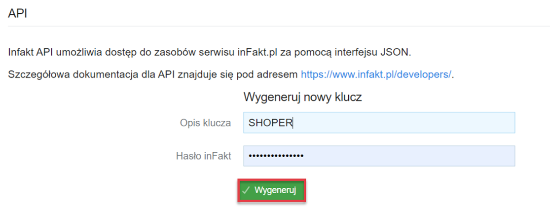 Panel klienta Infakt.pl > Ustawienia > Inne > Opcje > API