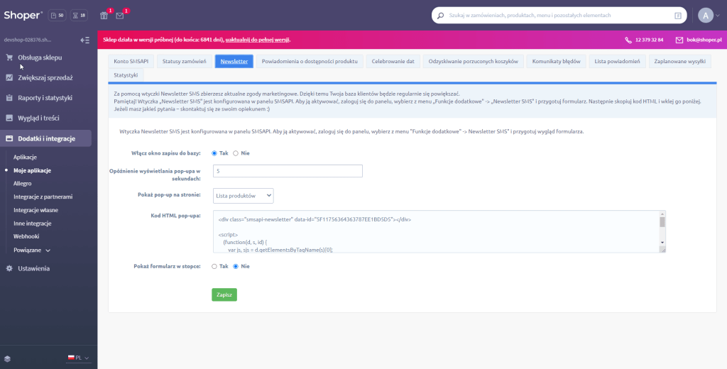 Konfiguracja SMS API dla newslettera w sklepie Shoper. Konfiguracja SMS API dla newslettera w sklepie Shoper.