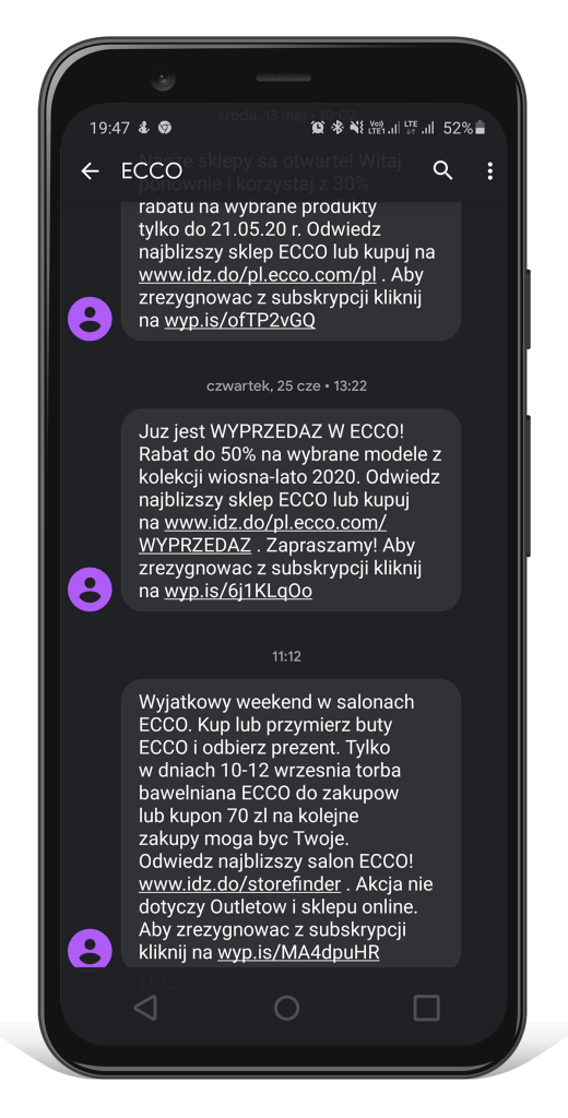 Przykład wiadomości z umieszczonymi w treści skróconymi linkami. Przykład treści SMS ze wstawionymi skraceczami linków.