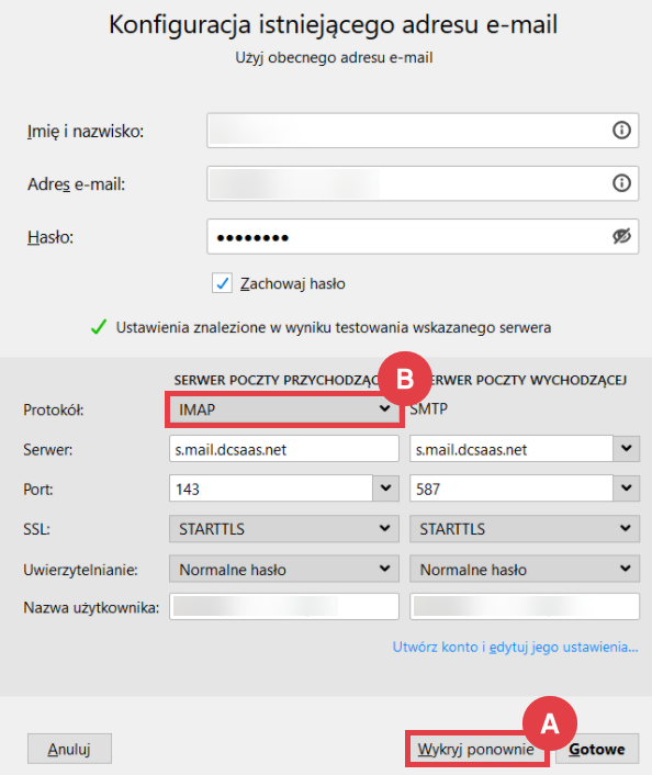 Program Thunderbird > Menu > Utwórz > Konfiguracja konta pocztowego > Formularz