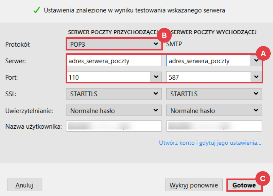 Program Thunderbird > Poczta > Konfiguracja istniejącego adresu e-mail > Ustawienia
