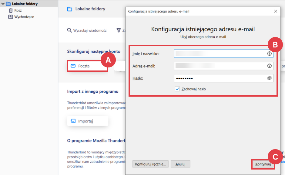 Program Thunderbird > Poczta > Konfiguracja istniejącego adresu e-mail