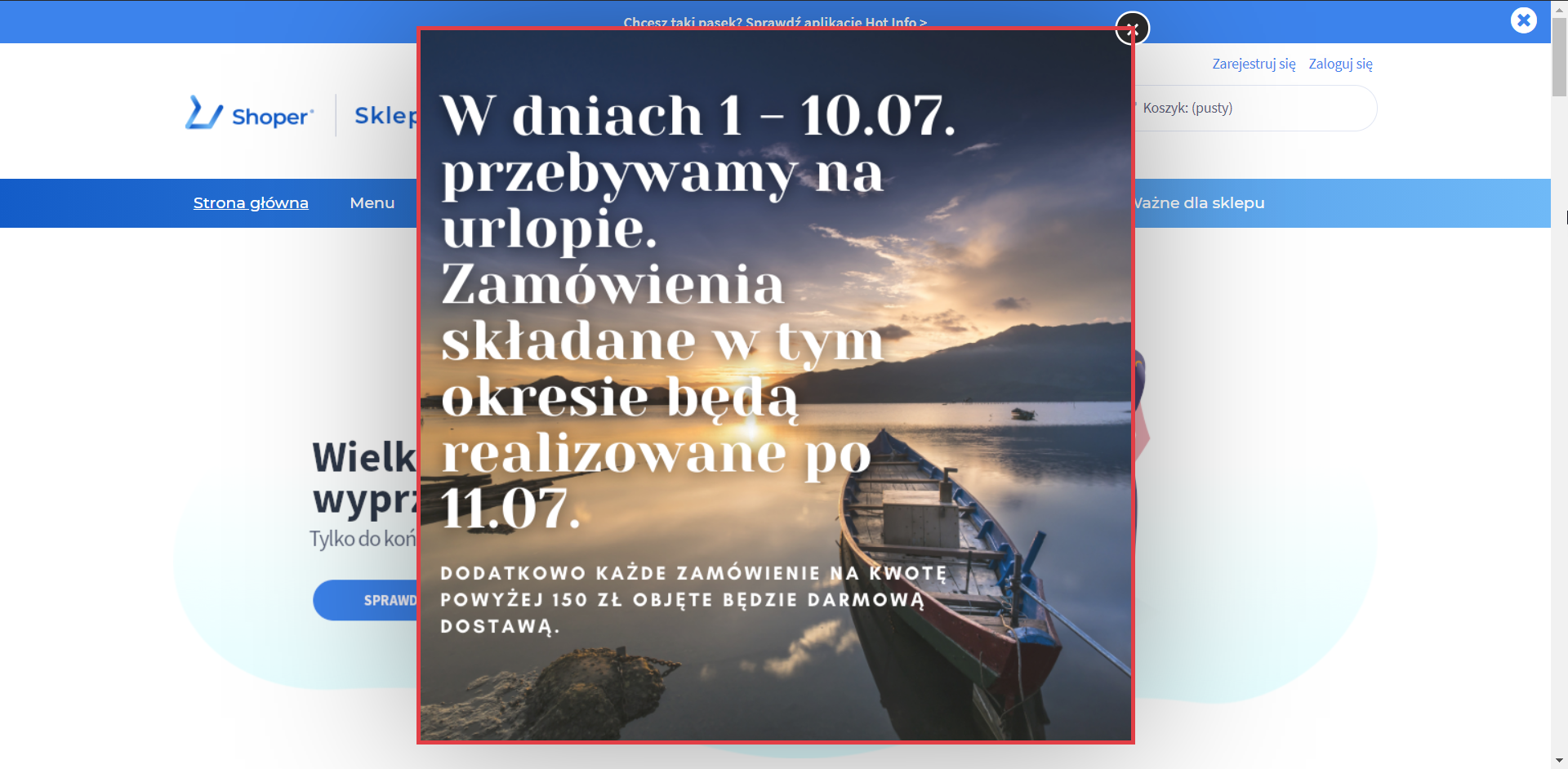 Widok strony sklepu Shoper > Okno pop-up