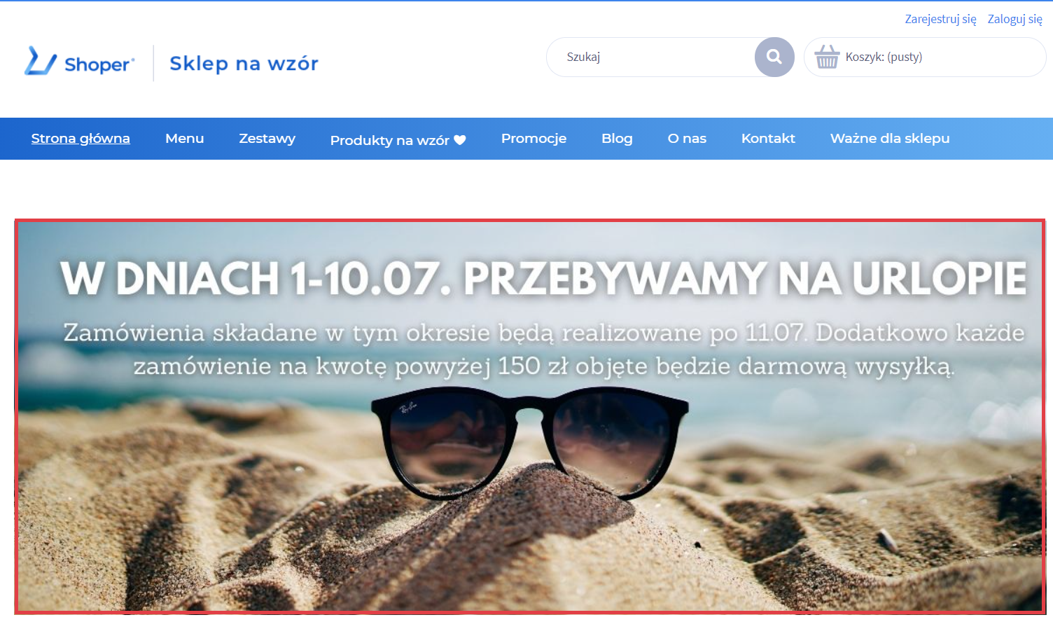 Widok strony sklepu > Baner z informacją o urlopie