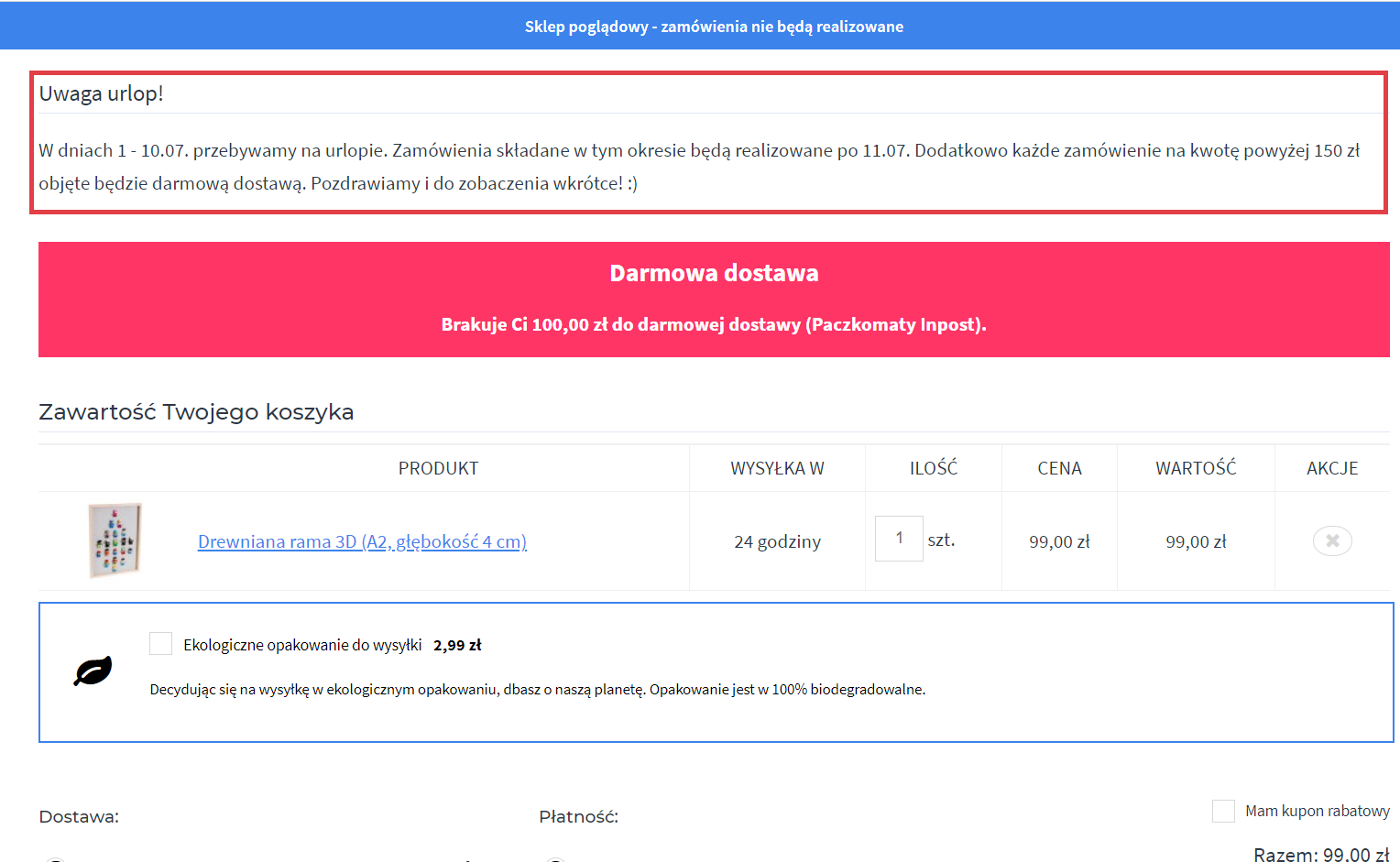 Widok strony sklepu Shoper > Moduł tekstowy w koszyku