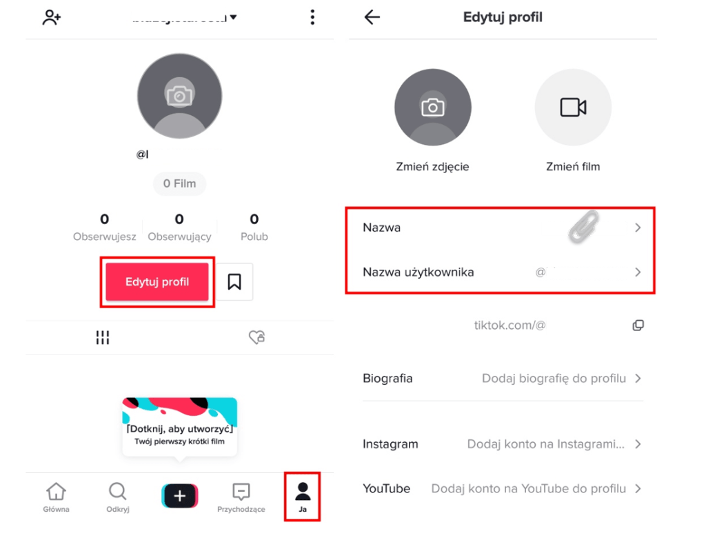 Aby zmienić nazwy użytkownika, kliknij przycisk: Edytuj profil Edycja profilu TikTok - zmiana nazw użytkownika
