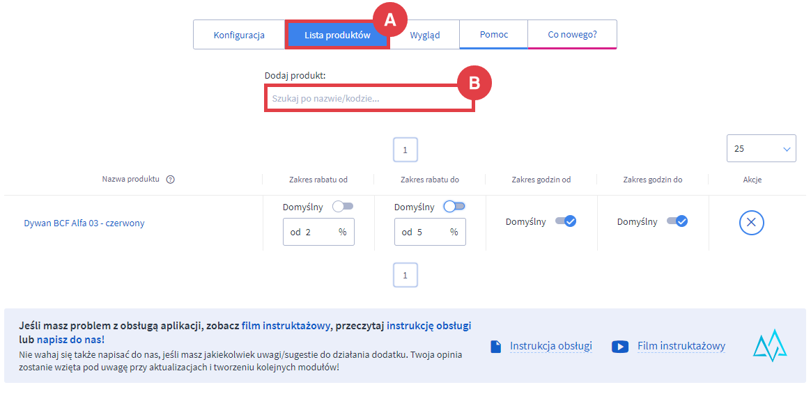 Dodaj produkty, które będą obejmować automatyczne promocje Panel administracyjny sklepu > Dodatki i integracje > Moje aplikacje > FlashSale - automatyczne promocje > Lista produktów