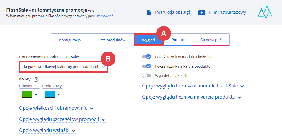 Zmień wygląd modułu FlashSale na stronie sklepu internetowego Shoper Panel administracyjny sklepu > Dodatki i integracje > Moje aplikacje > FlashSale - automatyczne promocje > Wygląd