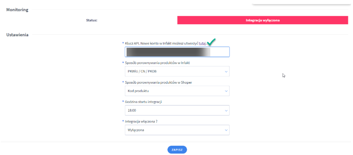 Panel administracyjny > Dodatki i integracje > Moje aplikacje > Automatyczna aktualizacja stanów magazynowych z Infakt.pl do Shoper.pl > Ustawienia