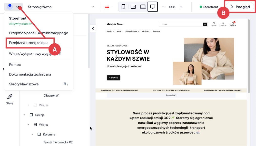Wybierz jedną z dwóch opcji podglądu szablonu Dwa sposoby na uruchomienie podglądu sklepu w edytorze szablonu