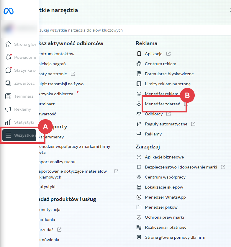 Przejdź do Menadżera zdarzeń Facebook Business Manager
