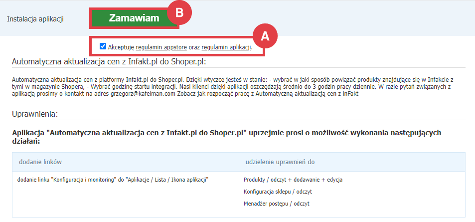 Panel administracyjny > Dodatki i integracje > Aplikacje > Automatyczna aktualizacja cen z Infakt.pl do Shoper.pl > Instalacja