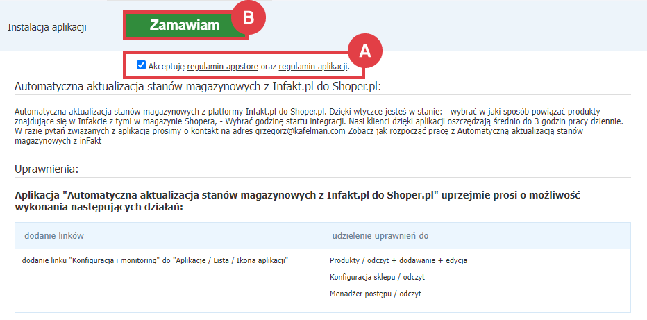 Panel administracyjny > Dodatki i integracje > Aplikacje > Automatyczna aktualizacja stanów magazynowych z Infakt.pl do Shoper.pl > Instalacja