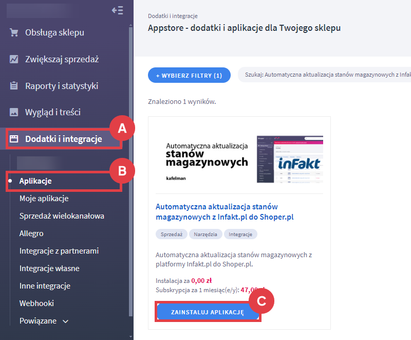 Panel administracyjny > Dodatki i integracje > Aplikacje > Automatyczna aktualizacja stanów magazynowych z Infakt.pl do Shoper.pl