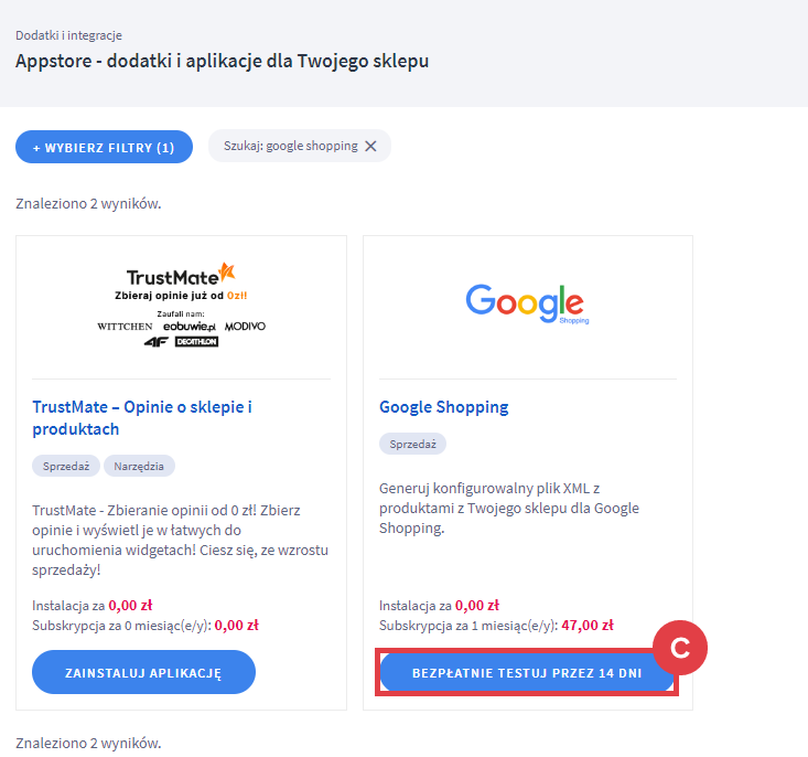 Panel administracyjny sklepu > Dodatki i integracje > Aplikacje > Google Shopping