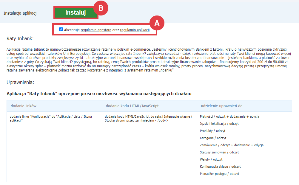 Panel administracyjny sklepu > Dodatki i integracje > Aplikacje > Raty Inbank > Instalacja
