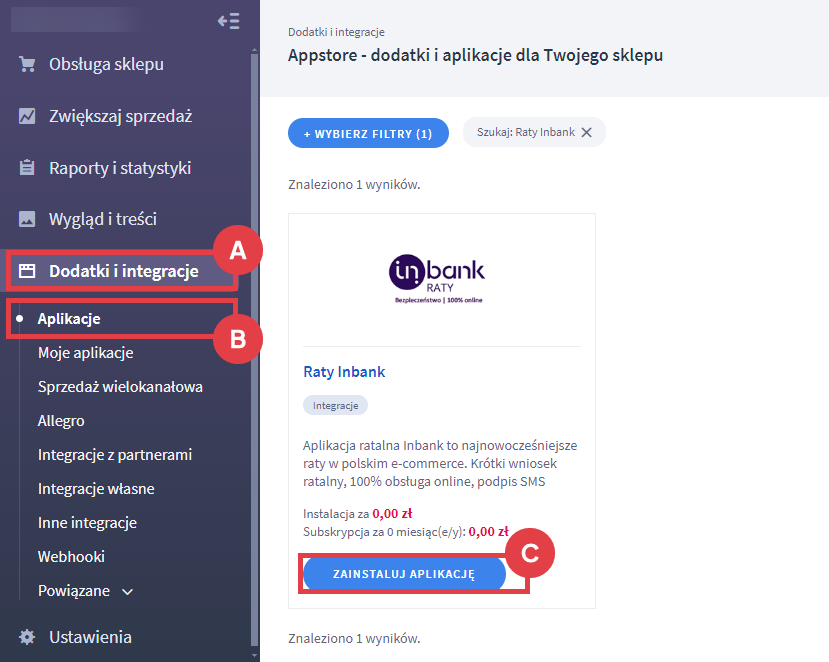 Panel administracyjny sklepu > Dodatki i integracje > Aplikacje > Raty Inbank