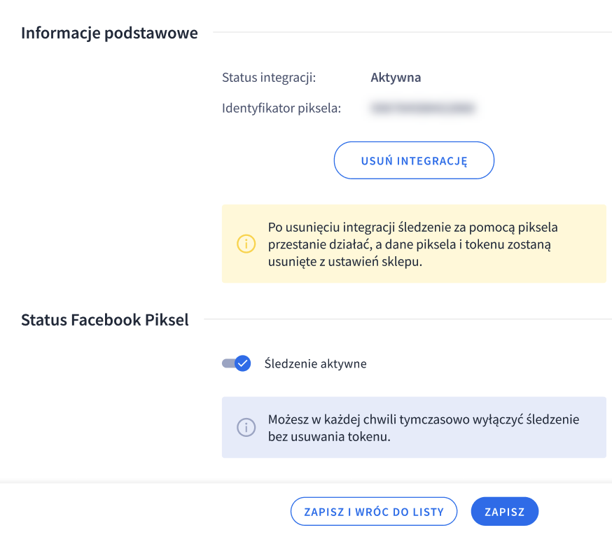 Po uwierzytelnieniu konta Facebook, zobaczysz połączone konto, które w każdej chwili możesz rozłączyć API konwersji Facebook FBE2