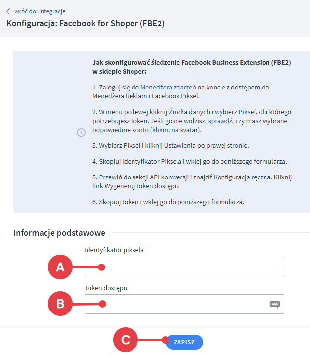 Kliknij: POŁĄCZ Z FACEBOOKIEM API konwersji Facebook FBE2