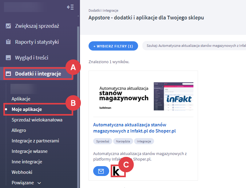 Panel administracyjny > Dodatki i integracje > Moje aplikacje > Automatyczna aktualizacja stanów magazynowych z Infakt.pl do Shoper.pl