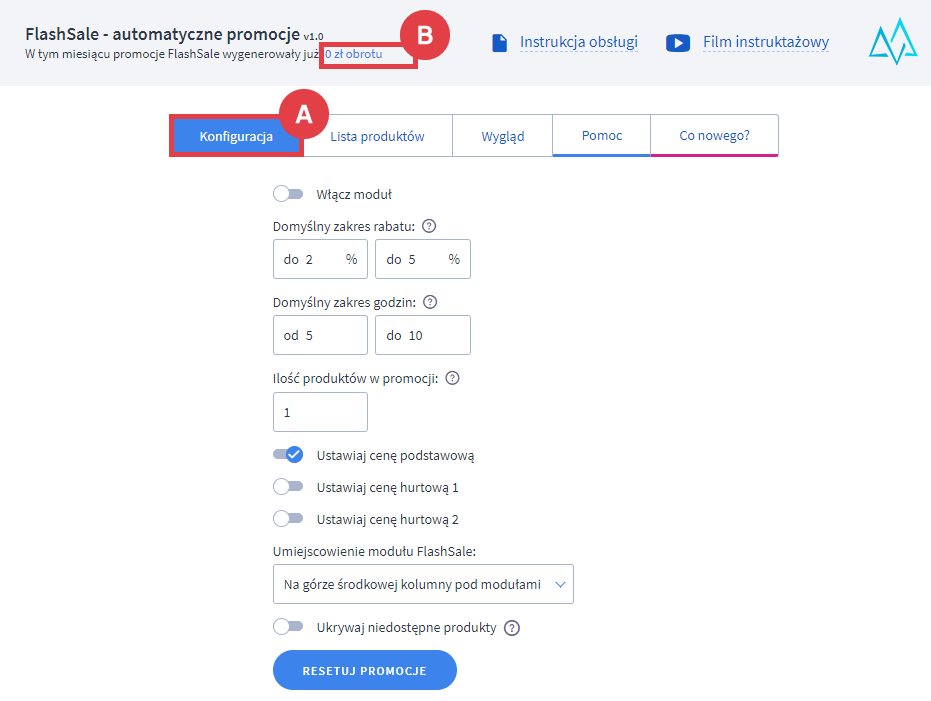 Skonfiguruj narzędzie FlashSale w swoim sklepie internetowym Shoper Panel administracyjny sklepu > Dodatki i integracje > Moje aplikacje > FlashSale - automatyczne promocje > Konfiguracja