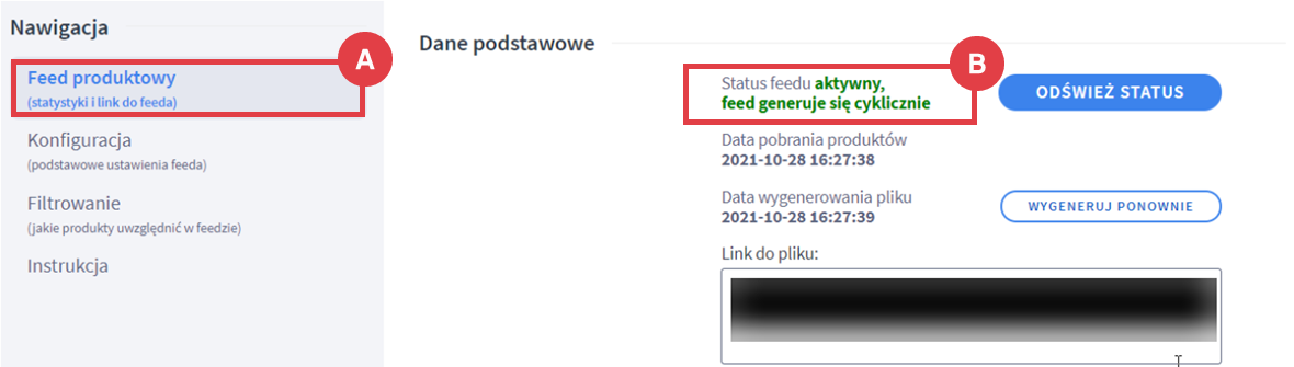 Status feeda po skonfigurowaniu podstawowych ustawień w aplikacji Google Shopping Panel administracyjny sklepu > Dodatki i integracje > Moje aplikacje > Google Shopping > Feed produktowy