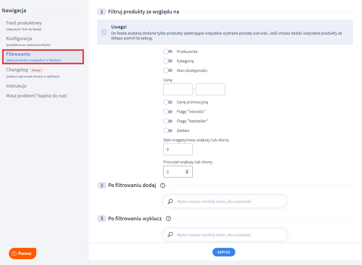 Zdefiniuj, jakie produkty uwzględnić w feedzie dla Google Shopping Panel administracyjny sklepu > Dodatki i integracje > Moje aplikacje > Google Shopping > Filtrowanie