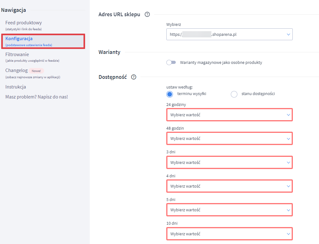 Wprowadź odpowiednie ustawienia feeda w Google Shopping Panel administracyjny sklepu > Dodatki i integracje > Moje aplikacje > Google Shopping > Konfiguracja