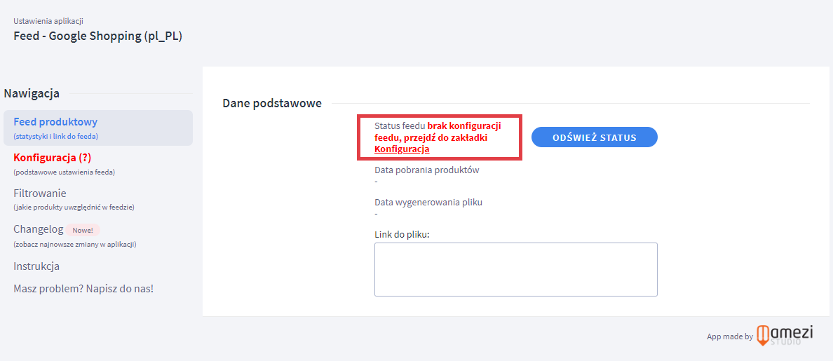 Komunikat o braku konfiguracji feedu w aplikacji Google Shopping Panel administracyjny sklepu > Dodatki i integracje > Moje aplikacje > Google Shopping > Feed produktowy