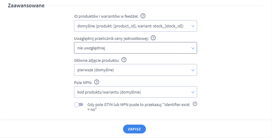 Zapoznaj się z zaawansowanymi ustawieniami dla feeda z produktami ze sklepu Shoper Panel administracyjny sklepu > Dodatki i integracje > Moje aplikacje > Google Shopping > Konfiguracja > Ustawienia zaawansowane