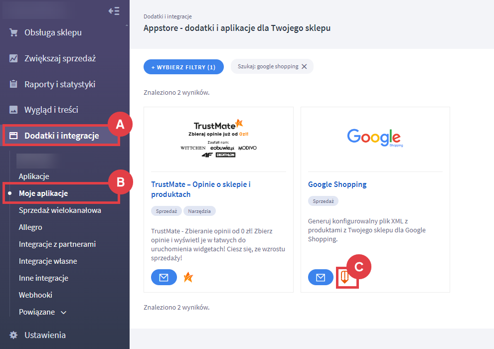 Wygeneruj konfigurowalny plik XML w aplikacji Google Shopping Panel administracyjny sklepu > Dodatki i integracje > Moje aplikacje > Google Shopping