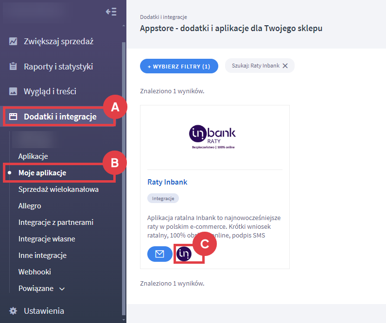 Panel administracyjny sklepu > Dodatki i integracje > Moje aplikacje > Raty Inbank
