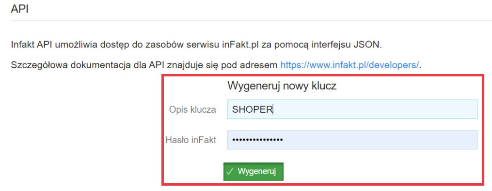 Panel Infakt.pl > Ustawienia > Inne opcje > API