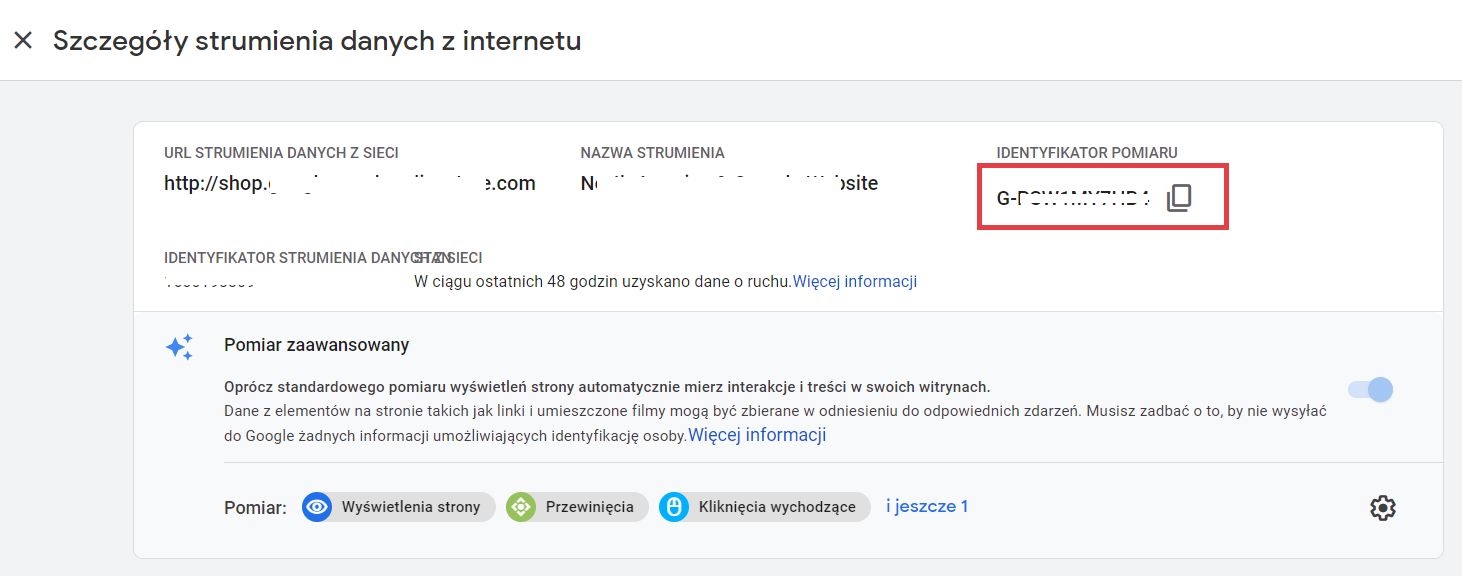 Skopiuj wygenerowany, unikalny identyfikator pomiaru Panel Google Analytics 4