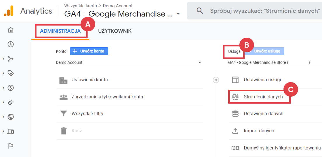W panelu Google Analytics 4 wybierz Strumieniowanie danych Konto Google Analytics 4
