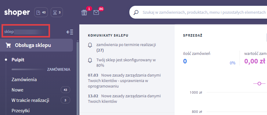 Kliknij link w postaci adresu sklepu internetowego Shoper Adres sklepu Shoper w głównym interfejsie użytkownika