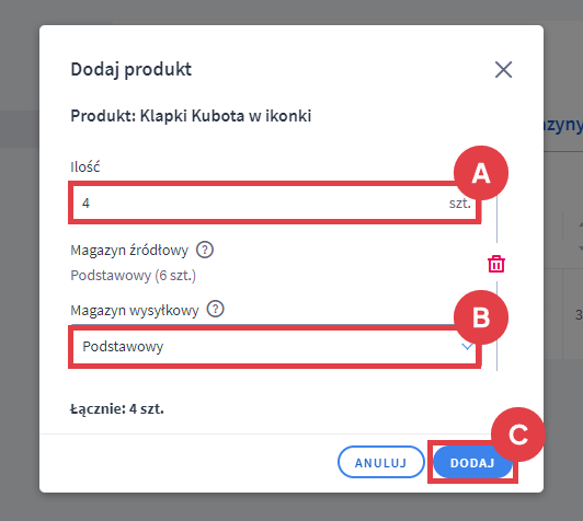 Panel administracyjny sklepu > Obsługa sklepu > Zamówienia > Edycja > Dodaj produkt do zamówienia > Wybierz magazyn > Formularz