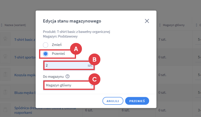 Przenieś podaną ilość artykułu do wyznaczonego magazynu w sklepie Shoper Panel administracyjny sklepu > Obsługa sklepu > Produkty > Edycja stanu magazynowego > Przeniesienie ilości