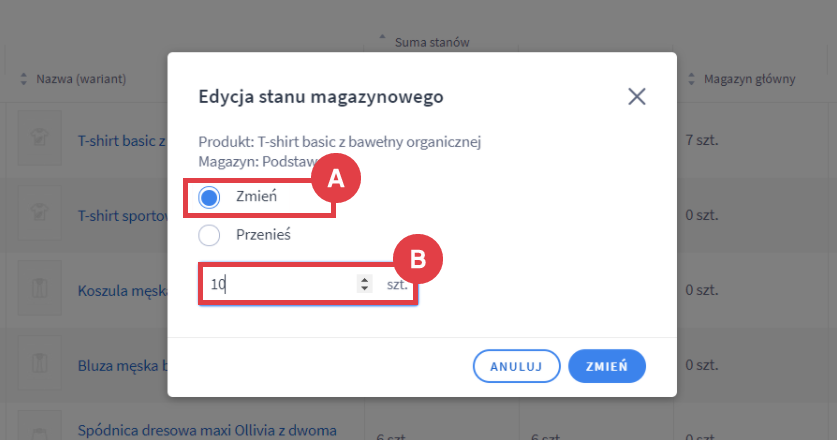 Zmień ilość artykułu w poszczególnym magazynie Panel administracyjny sklepu > Obsługa sklepu > Produkty > Edycja stanu magazynowego