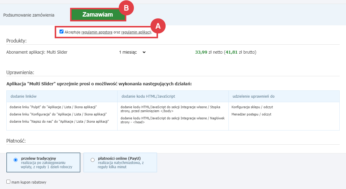 Panel administracyjny sklepu > Dodatki i integracje > Aplikacje > Multi Slider > Instalacja
