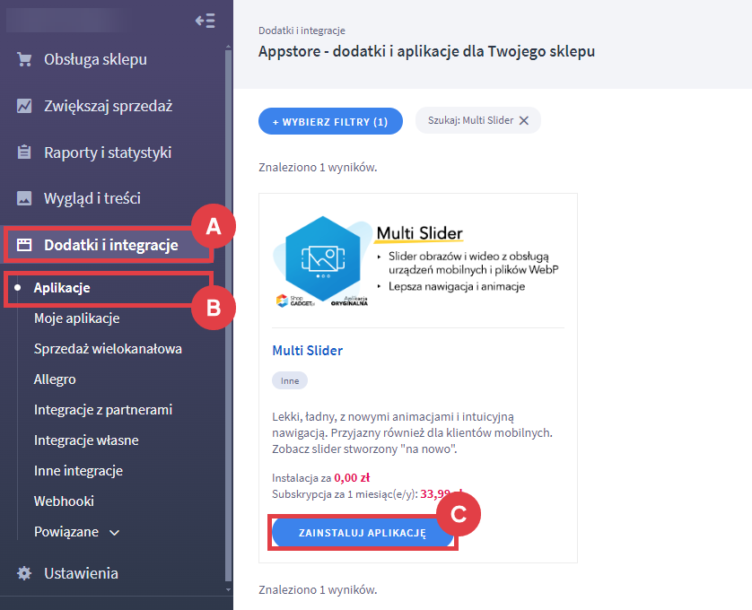 Panel administracyjny sklepu > Dodatki i integracje > Aplikacje > Multi Slider