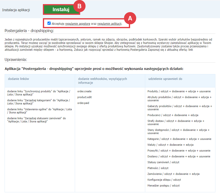 Panel administracyjny sklepu > Dodatki i integracje > Aplikacje > Postergaleria - dropshipping > Instalacja