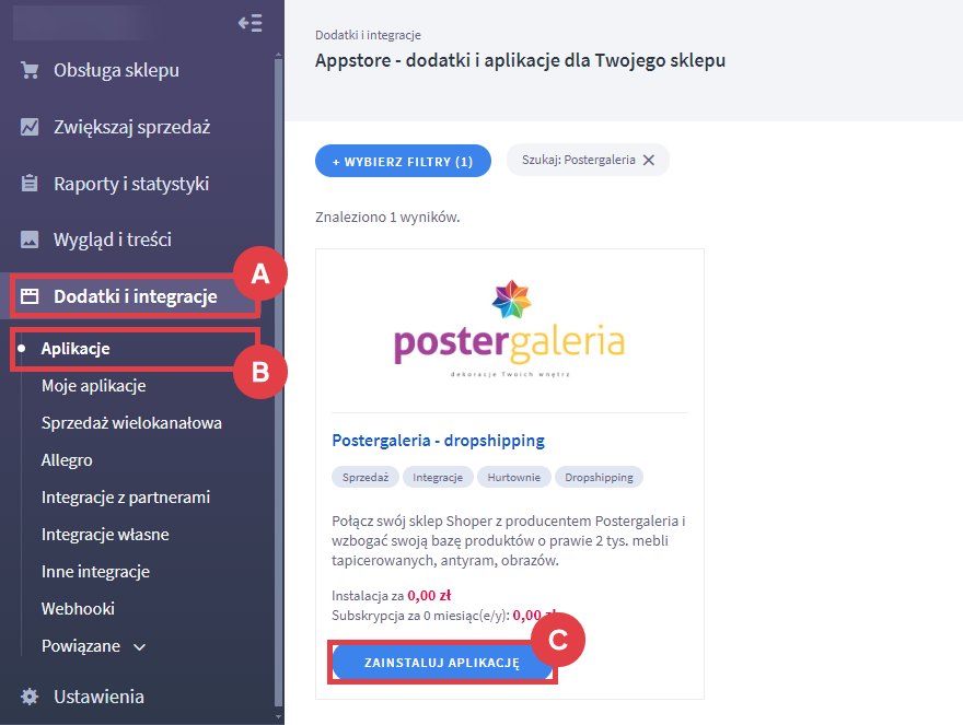 Panel administracyjny sklepu > Dodatki i integracje > Aplikacje > Postergaleria - dropshipping