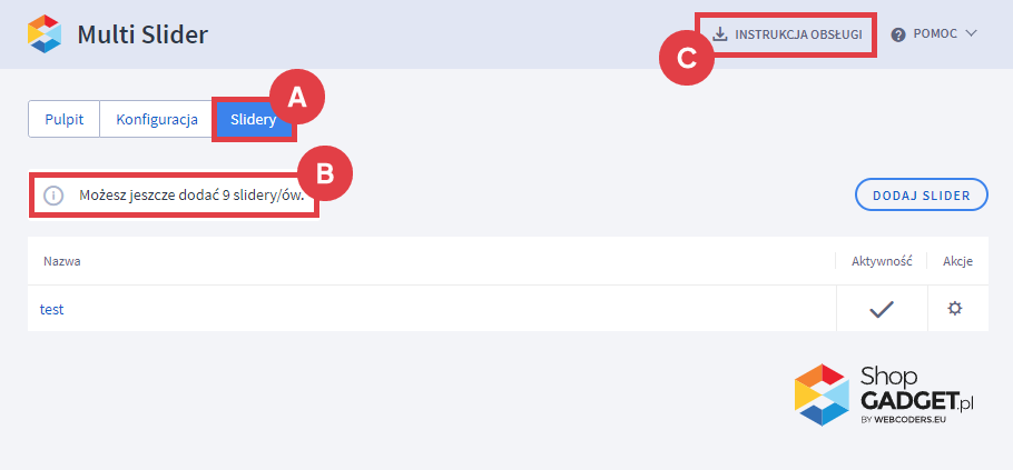 Panel administracyjny sklepu > Dodatki i integracje > Moje aplikacje > Multi Slider > Slidery > Lista