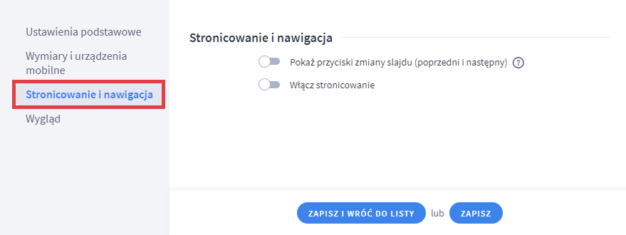 Panel administracyjny sklepu > Dodatki i integracje > Moje aplikacje > Multi Slider > Slidery > Stronicowanie i nawigacja