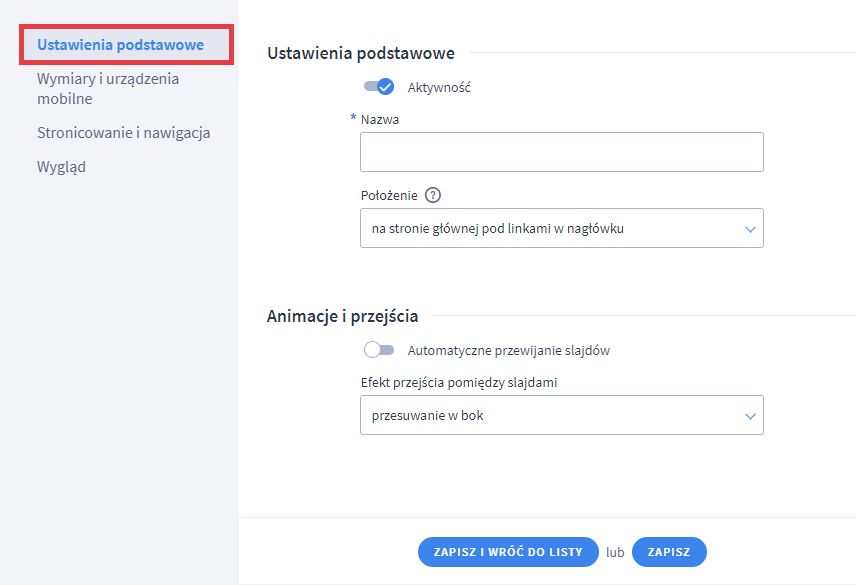 Panel administracyjny sklepu > Dodatki i integracje > Moje aplikacje > Multi Slider > Slidery > Ustawienia podstawowe