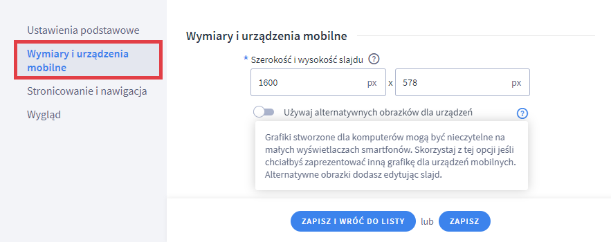 Panel administracyjny sklepu > Dodatki i integracje > Moje aplikacje > Multi Slider > Slidery > Wymiary i urządzenia mobilne