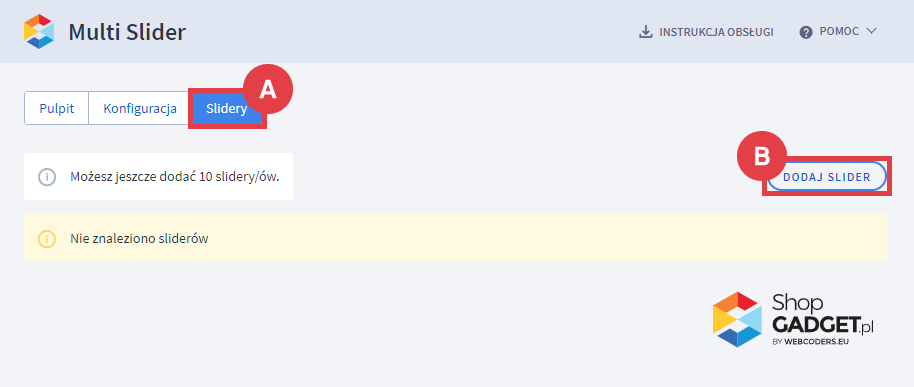 Panel administracyjny sklepu > Dodatki i integracje > Moje aplikacje > Multi Slider > Slidery
